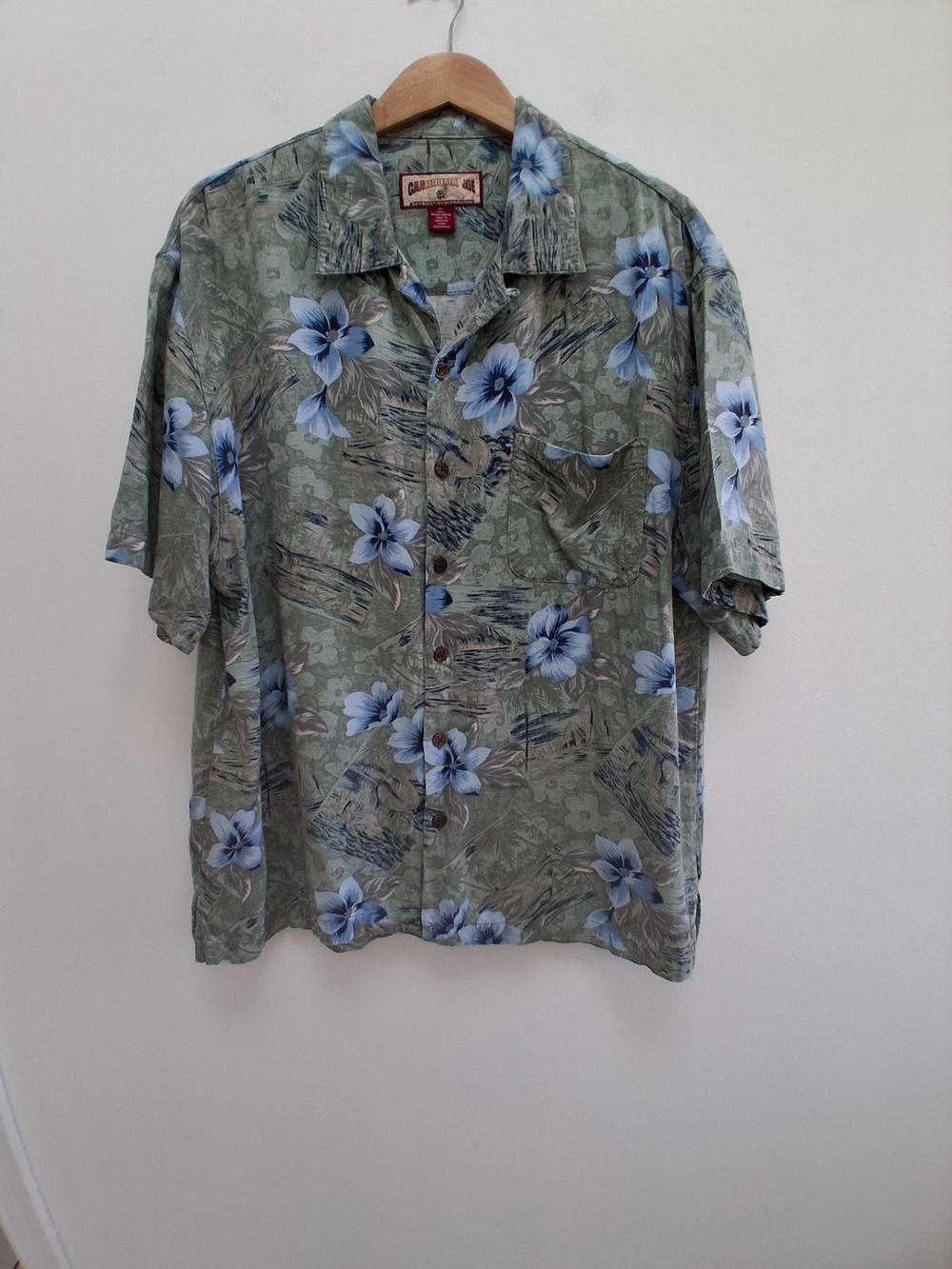 Caribbean Joe Vintage Green Blue  Floral Short-Sleeve Shirt Large Coastal